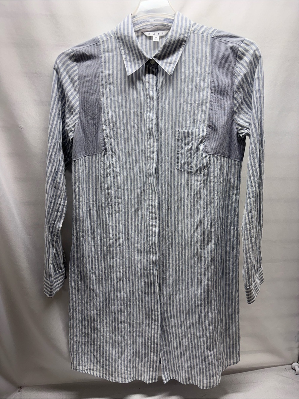 CAbi Long Sleeve Cotton Blue White Striped Long Button Down Shirt Dress Size Med